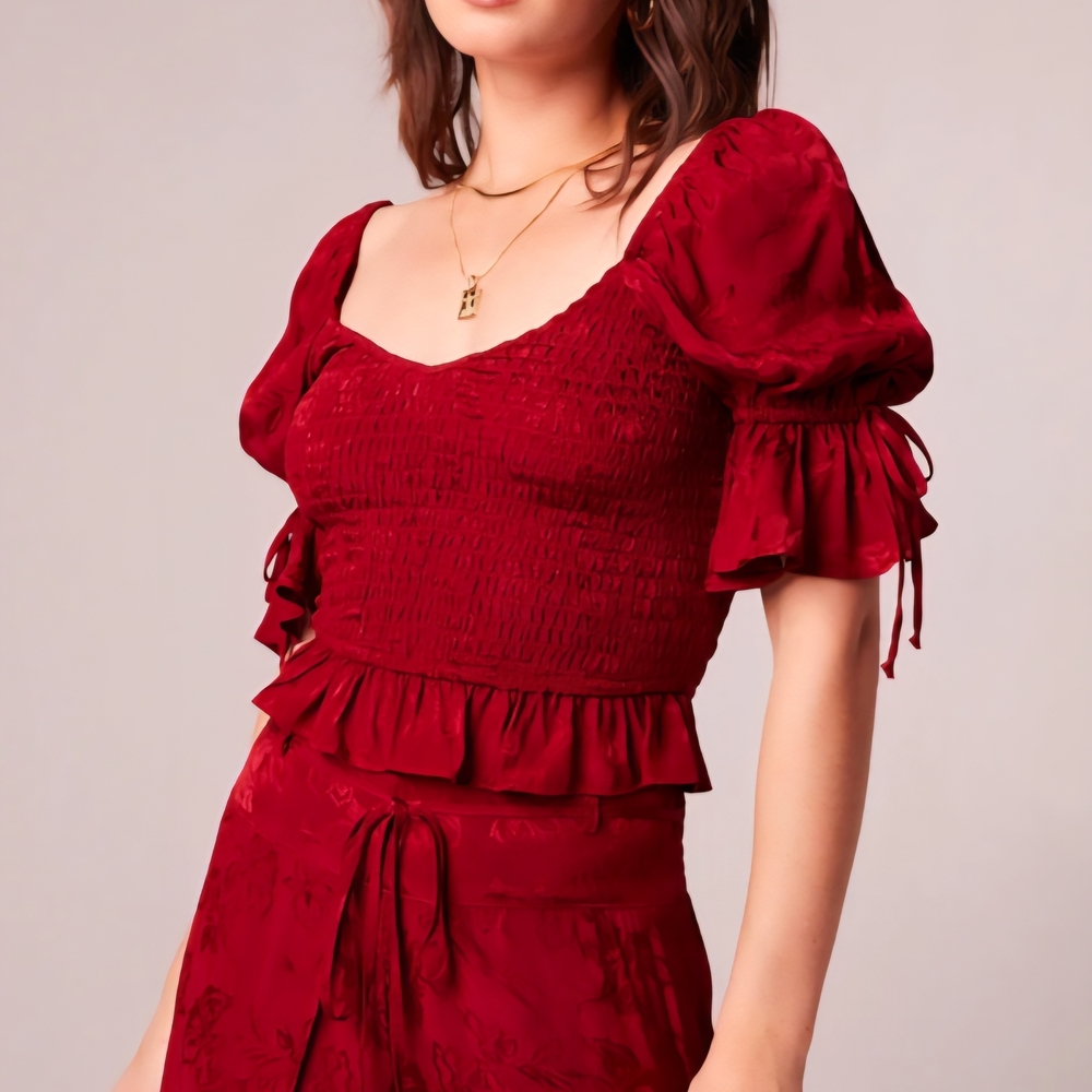 Chic Red Smocked Blouse with Puff Sleeves